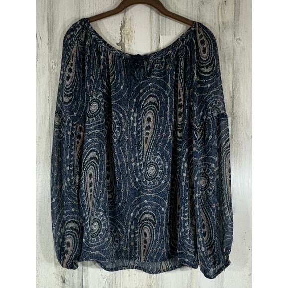 Lucky Brand Top Size XL Blue Sheer Swirl Paisley Boho Bohemian Tassel TIe Neck - Picture 1 of 8